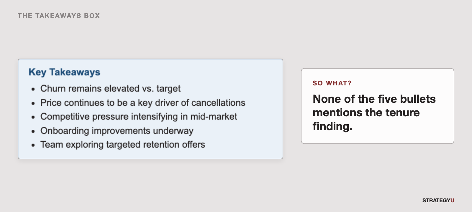 The Key Takeaways box, next to its so what: none of the five bullets mentions the tenure finding