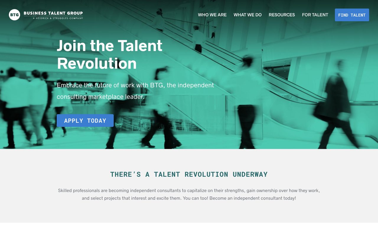 Business Talent Group's page for independent consultants in October 2026: Join the Talent Revolution, with an Apply Today button