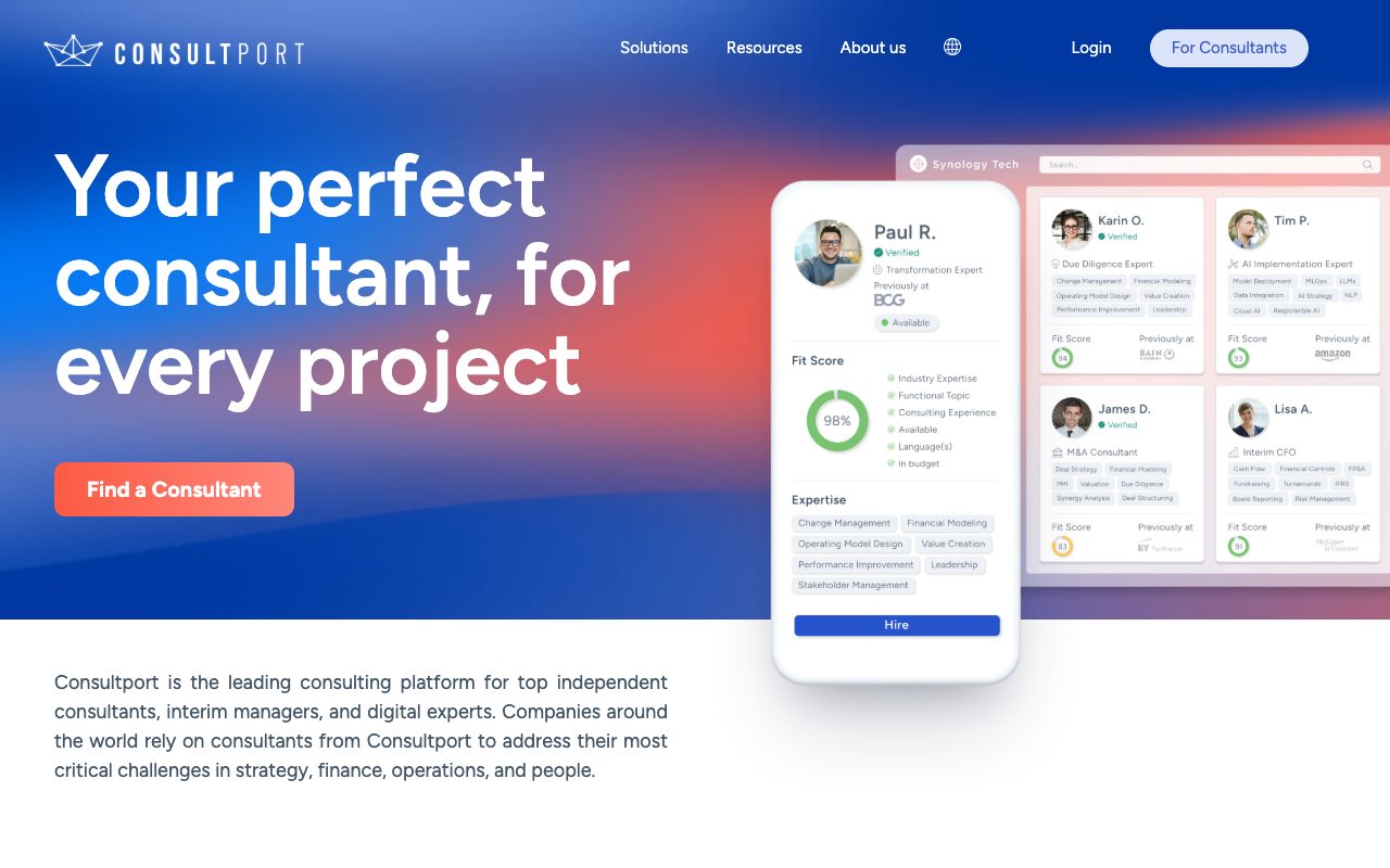 Consultport's home page in October 2026: Your perfect consultant, for every project, beside sample consultant profiles