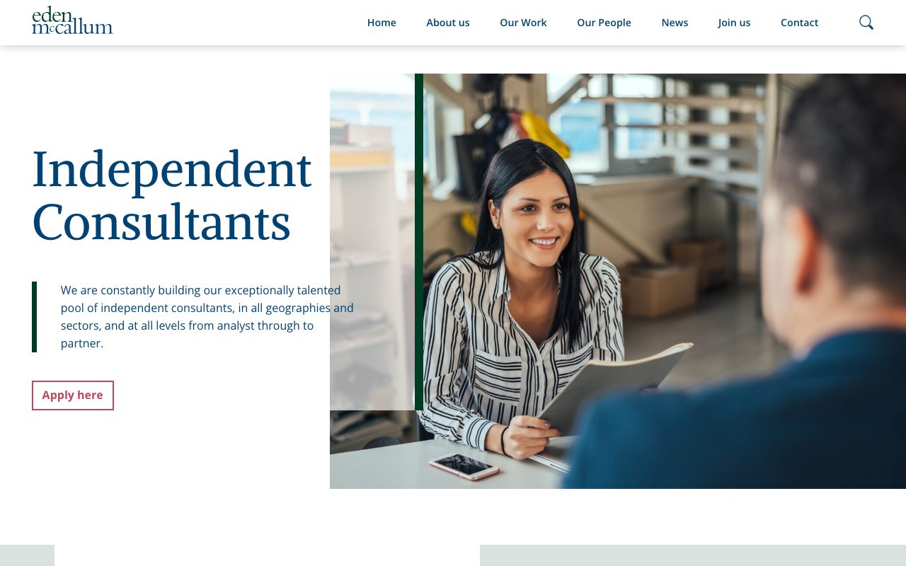 Eden McCallum's page for independent consultants in October 2026, with an Apply here button