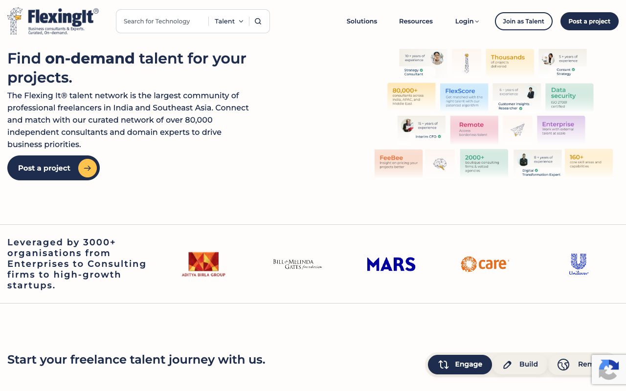 Flexing It's home page in October 2026: Find on-demand talent for your projects, from a network of over 80,000 independent consultants and domain experts