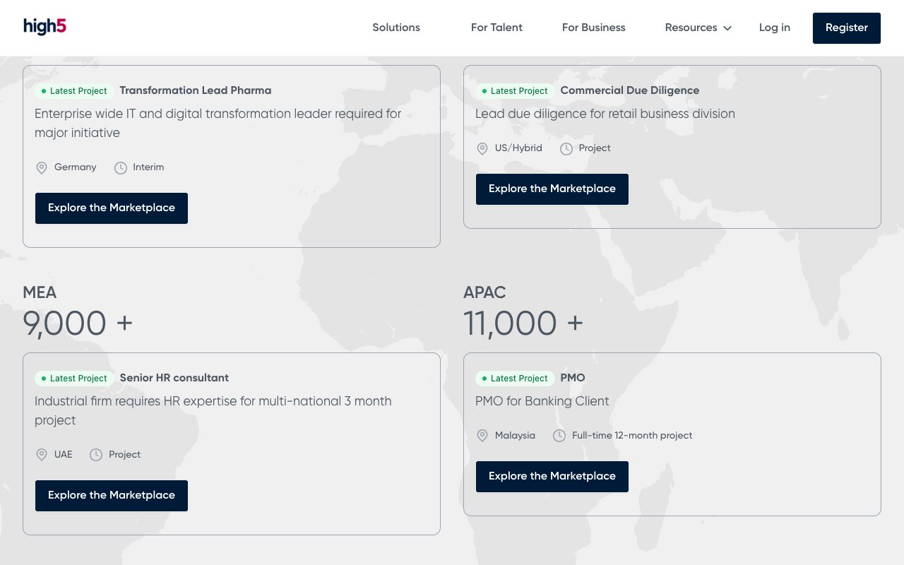 High5's home page in October 2026, listing its latest projects by region, such as a commercial due diligence lead in the US and a PMO role for a bank in Malaysia