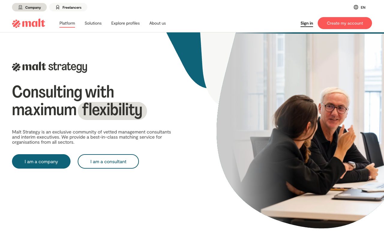 Malt Strategy's page in October 2026: Consulting with maximum flexibility, with buttons for companies and consultants