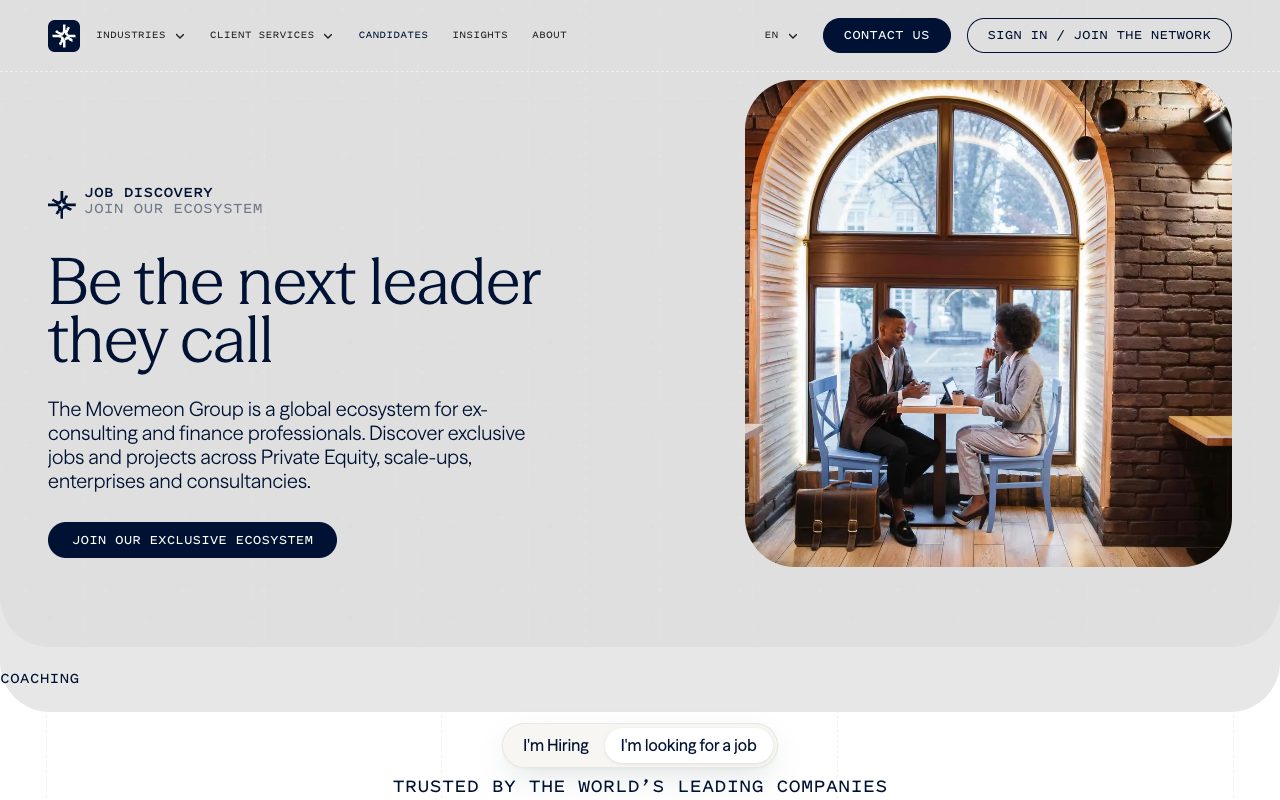 Movemeon's job discovery page in October 2026: Be the next leader they call, with a button to join its network