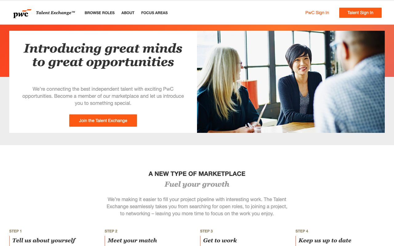 PwC Talent Exchange's home page in October 2026: Introducing great minds to great opportunities