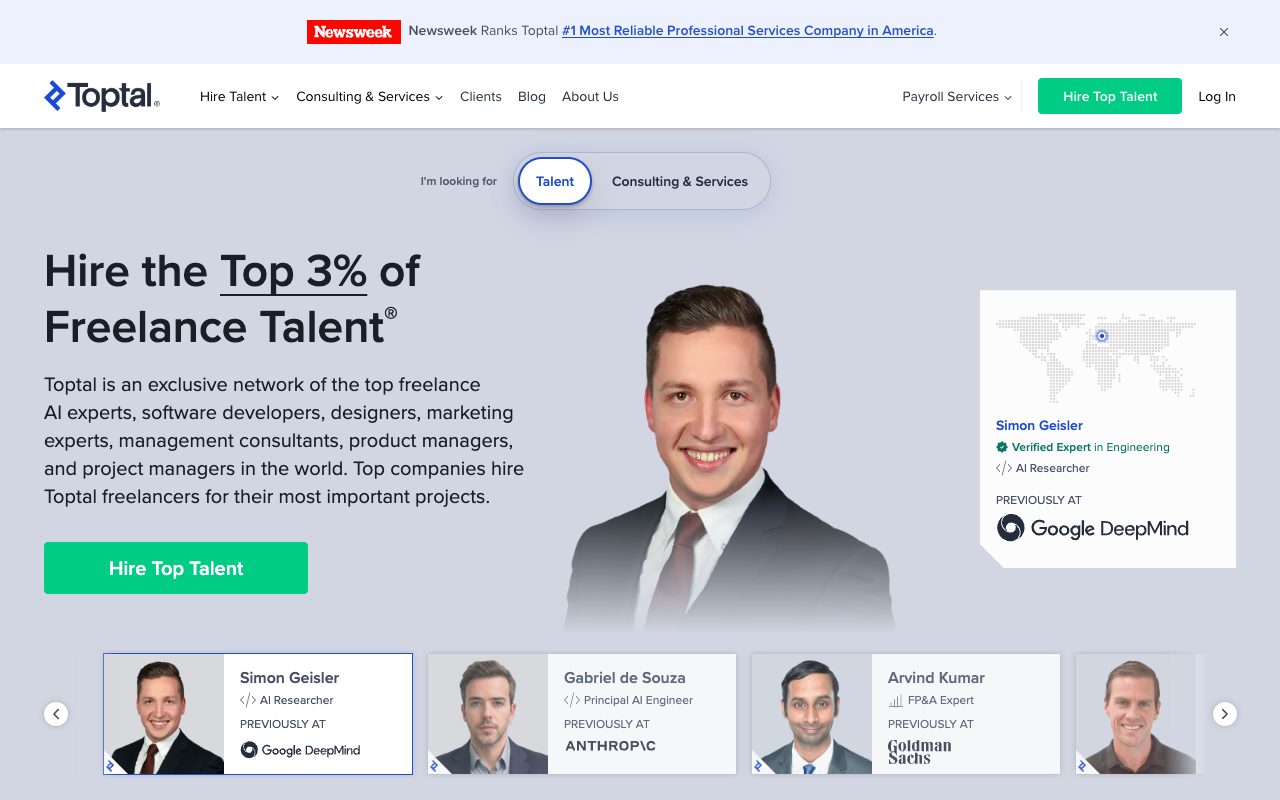 Toptal's home page in October 2026: Hire the Top 3% of Freelance Talent