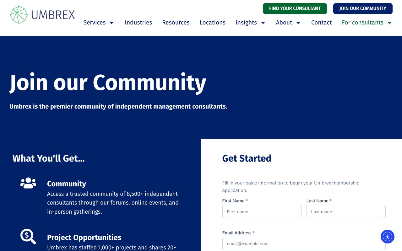 Umbrex's page for joining its community in October 2026, with a sign-up form and its member benefits