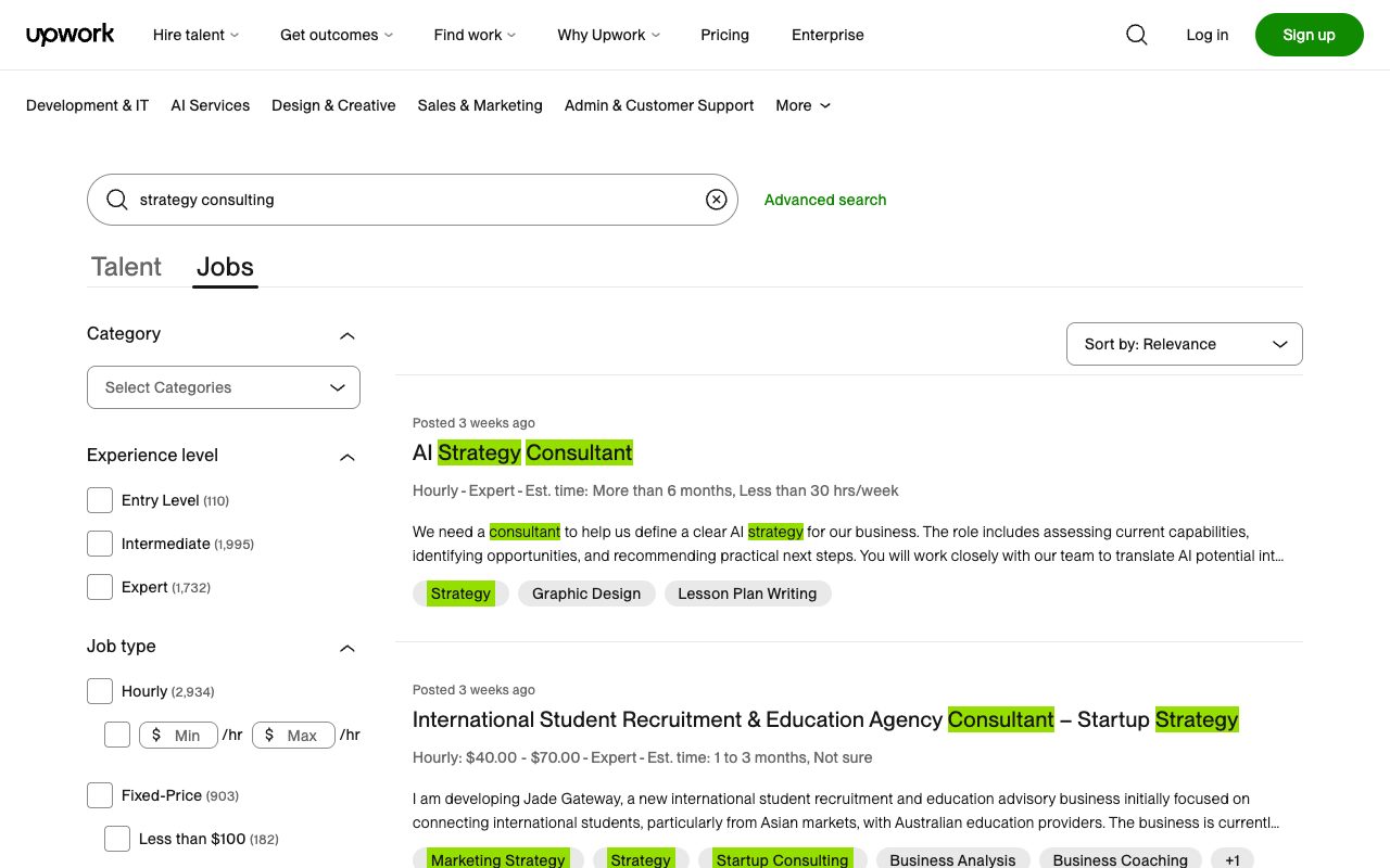 Upwork's job search for strategy consulting in October 2026, led by a posting for an AI strategy consultant