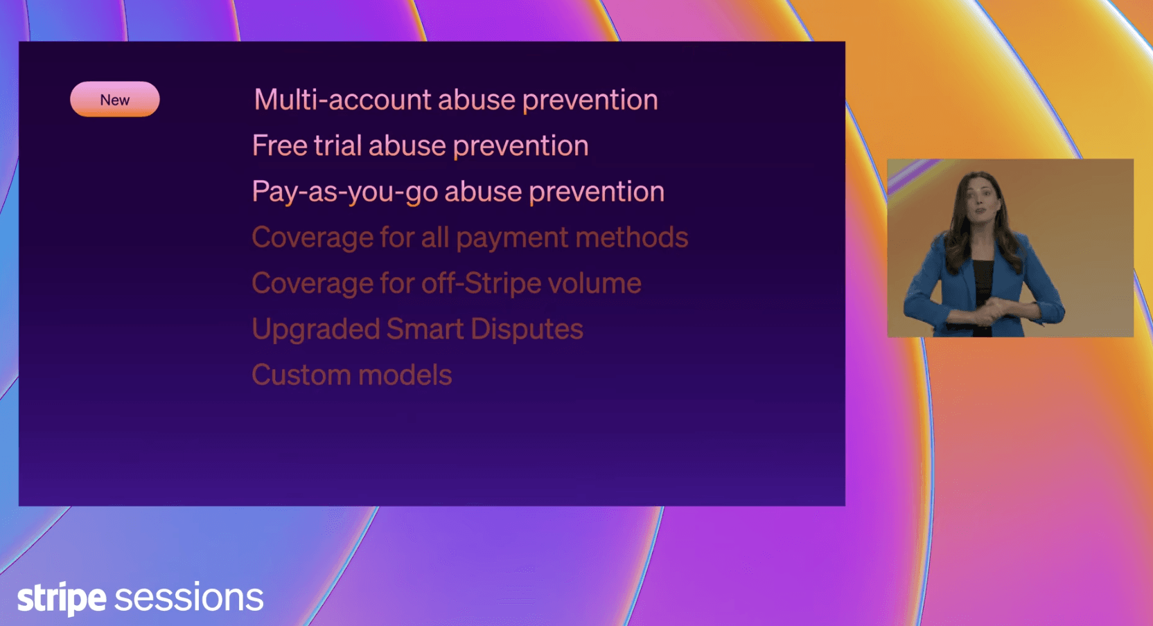Stripe Sessions slide listing new abuse prevention features