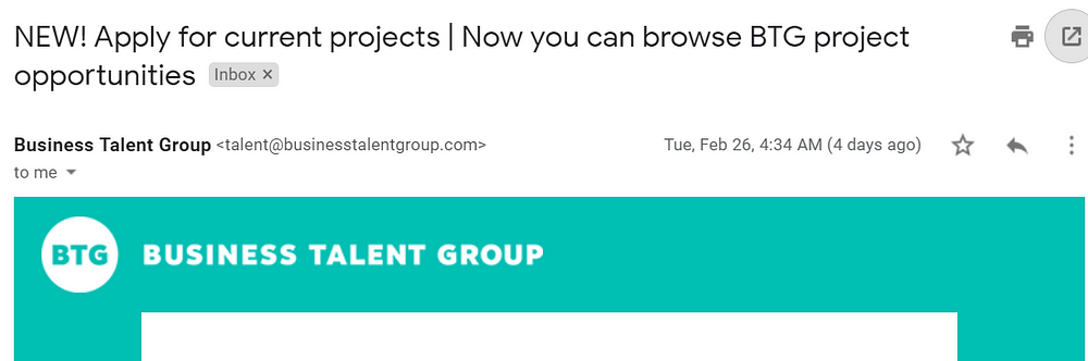 Screenshot of a Business Talent Group email: “NEW! Apply for current projects | Now you can browse BTG project opportunities”