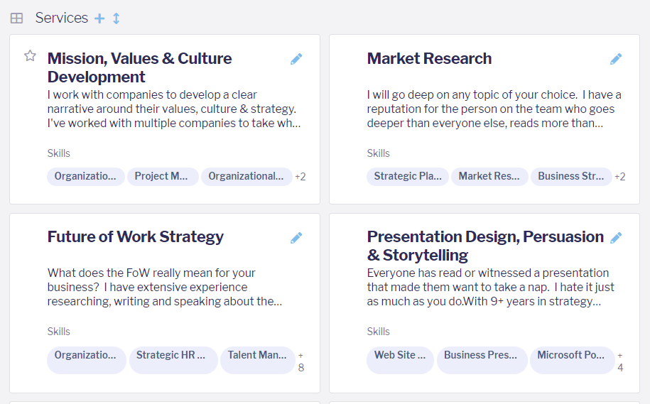 Screenshot of services listed on a Catalant consultant profile, such as Market Research and Future of Work Strategy