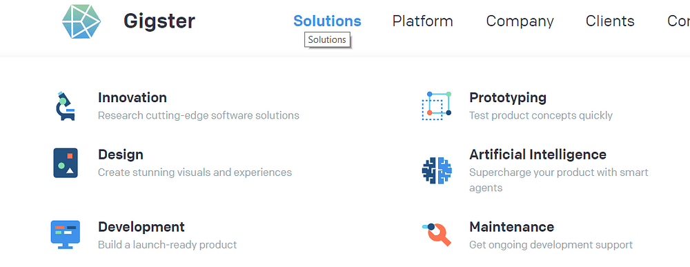 Screenshot of Gigster’s Solutions menu: Innovation, Prototyping, Design, Artificial Intelligence, Development, Maintenance