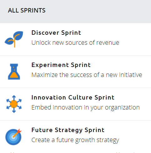 Screenshot of Innosight X’s productized offerings: Discover, Experiment, Innovation Culture and Future Strategy sprints