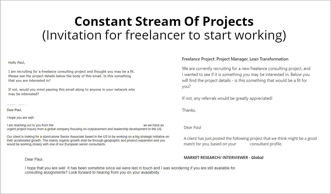 Screenshot of five near-identical project invitation emails from different platforms, titled “Constant Stream Of Projects”