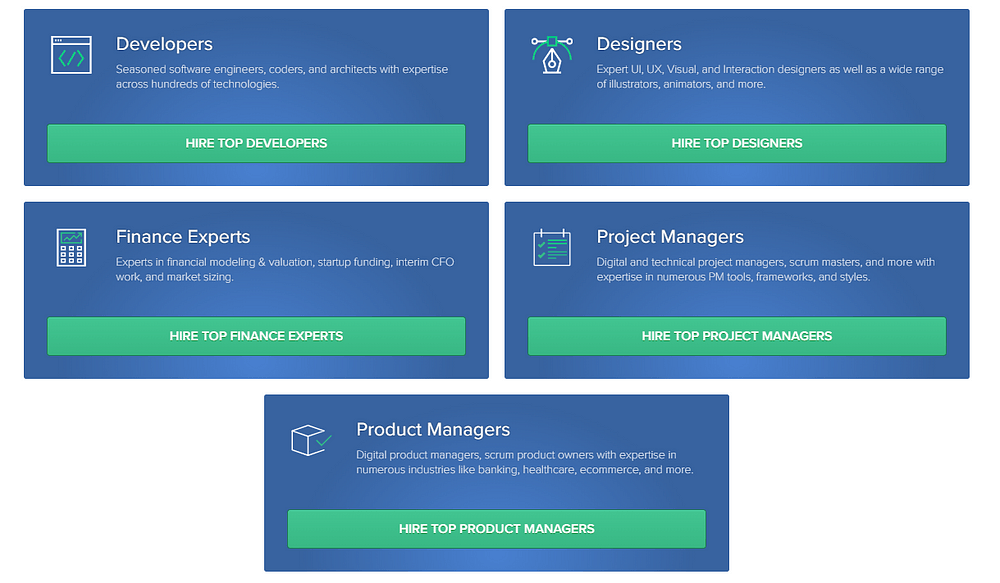 Screenshot of Toptal’s hiring categories: developers, designers, finance experts, project managers and product managers