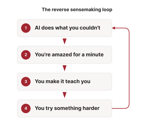 The reverse sensemaking loop: the tool does something you couldn't, you get curious, you have it teach you the process, and you try something harder one level up