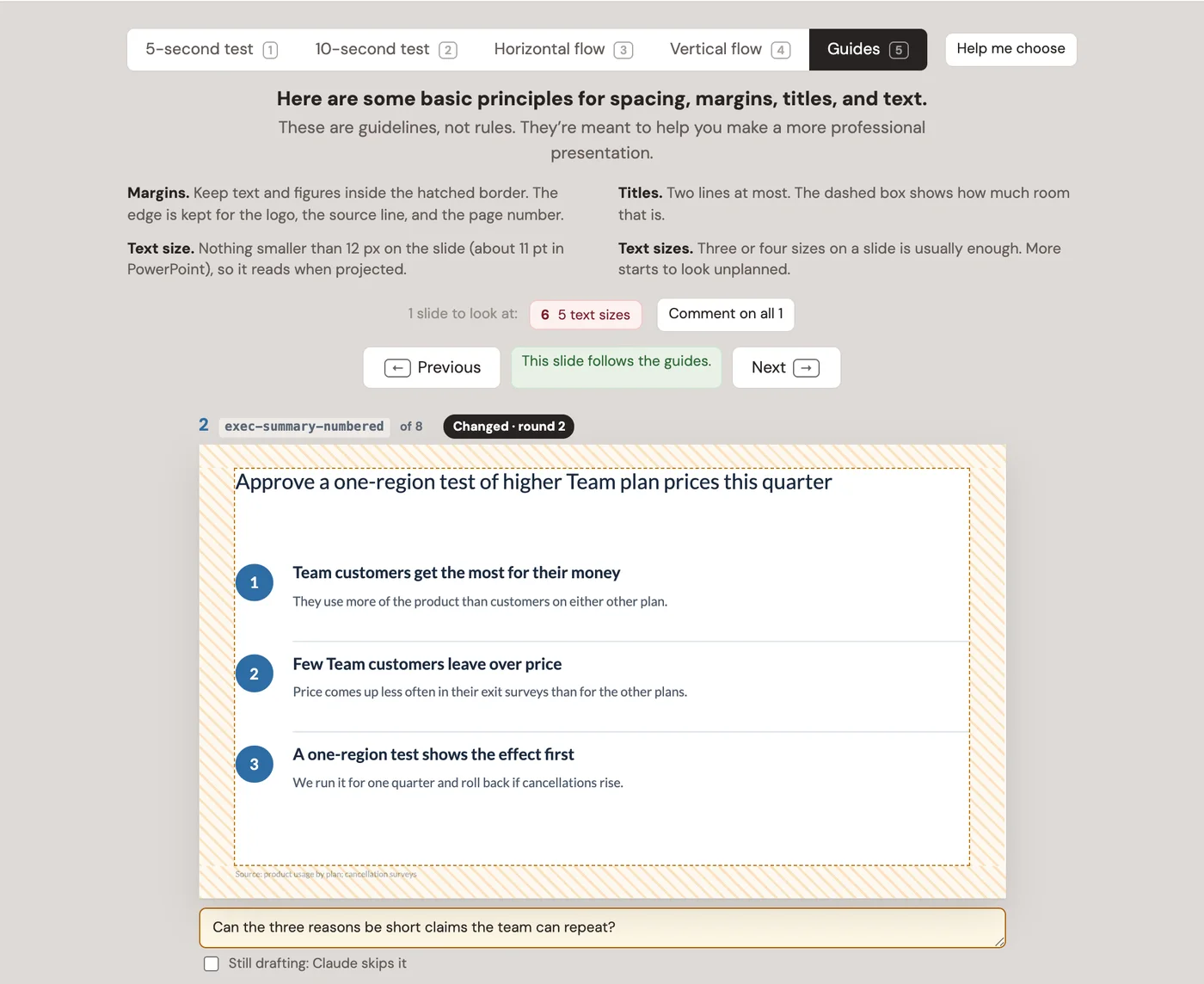 Checks, Guides: the protected border and the title box drawn on a slide, with a list of slides to look at