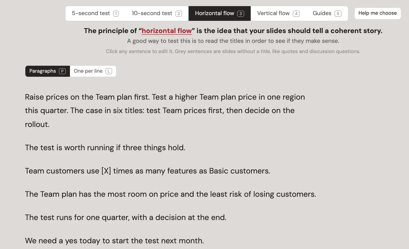 Checks, Horizontal flow: the deck's titles read in order as paragraphs, editable in place