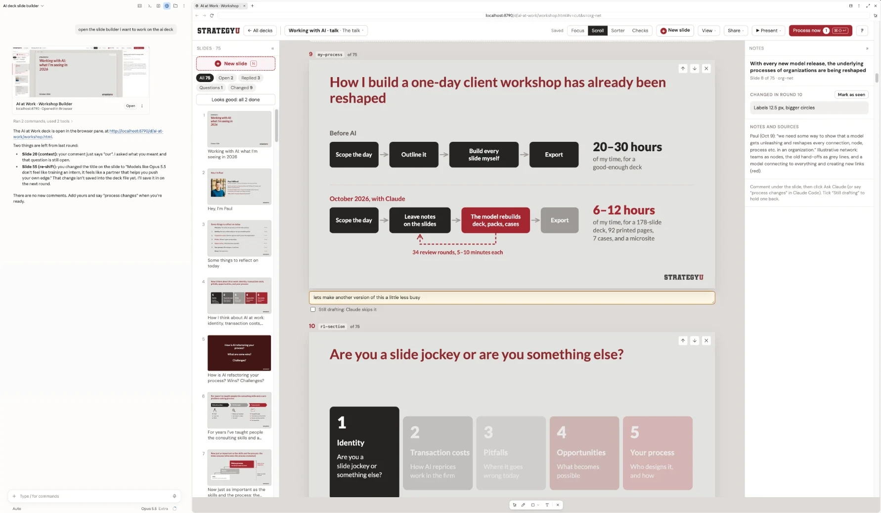 The Claude app: the chat on the left, and a deck open in its built-in browser on the right, with a comment under a slide and Process now in the top bar