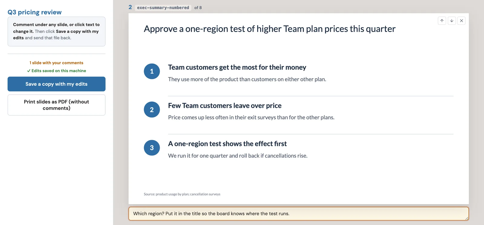 A Review copy open in a browser: a client's comment under the executive summary, and Save a copy with my edits