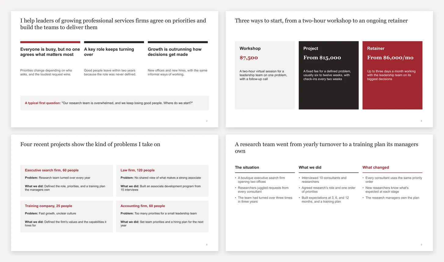 Four slides from the credentials and offerings deck: what the consultant helps with, three ways to start with prices, four recent projects, and one project in depth