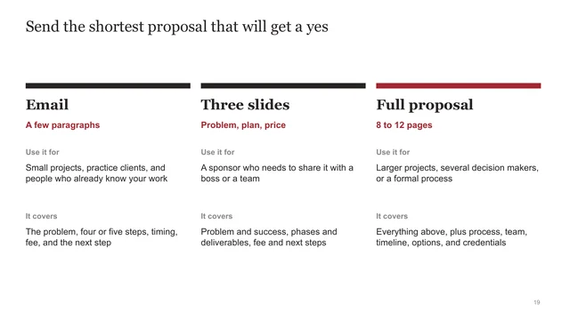 Three proposal versions slide from the course templates