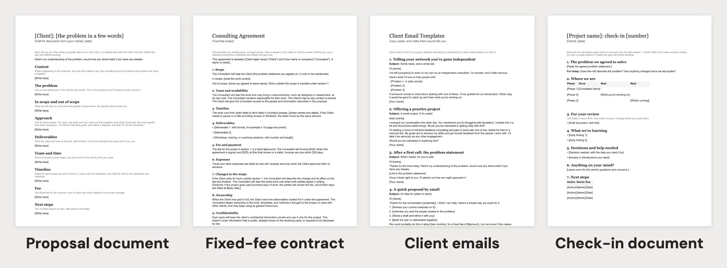 First pages of four Word templates: a proposal document, a fixed-fee contract, client emails, and a check-in document
