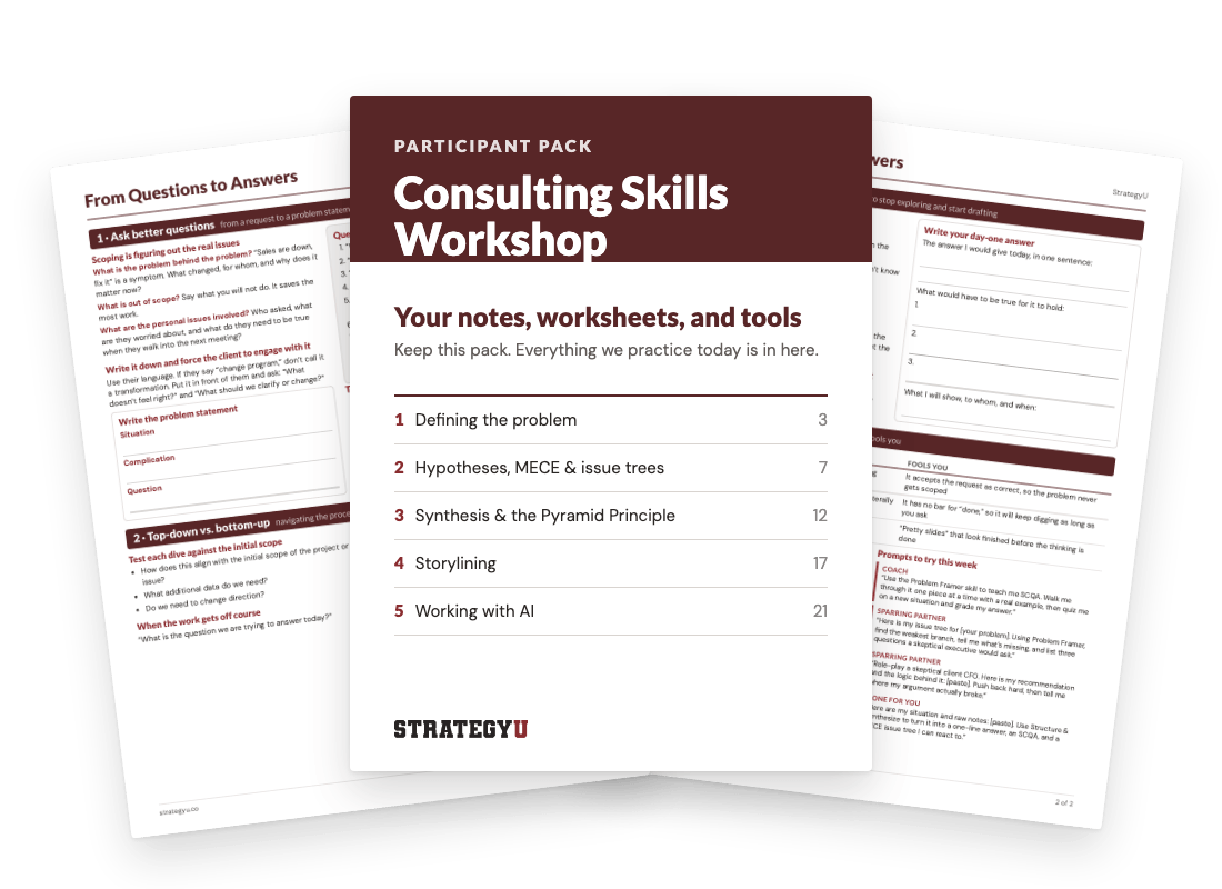 A printed participant pack: a StrategyU cover over worksheet pages