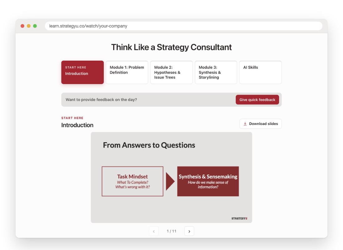 A private workshop microsite with module tabs, slides, and a feedback button